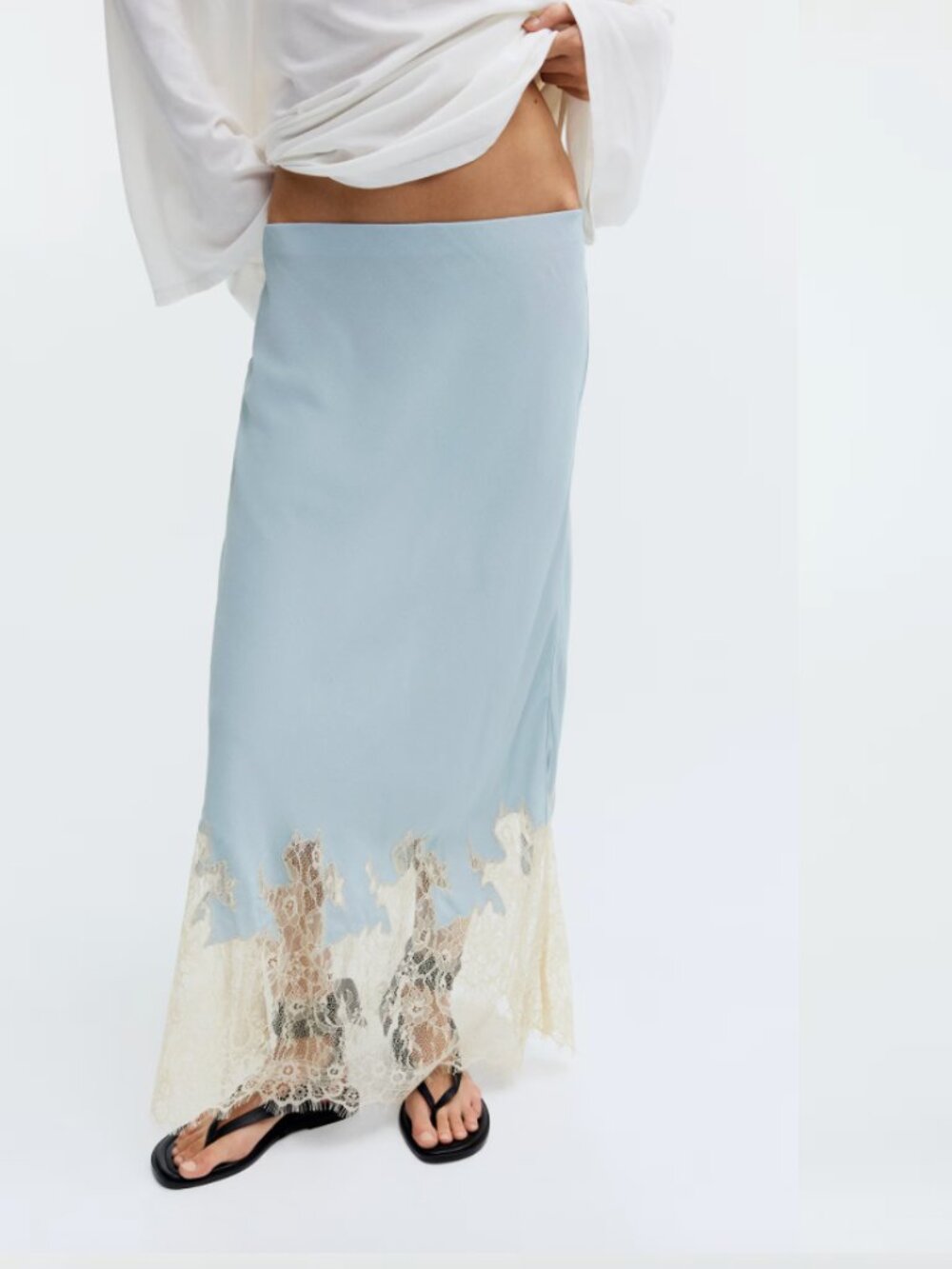 H&M Pale Blue Maxi Slip Skirt with Cream Lace Trim